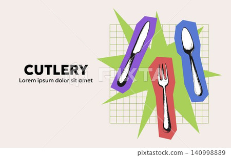 Cutlery flat vector illustration with colorful shapes and green starburst Cutlery flat vector illustration with colorful shapes and green starburst 140998889