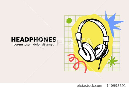 Headphones doodle illustration with decorative accents for music and audio branding Headphones doodle illustration with decorative accents for music and audio branding 140998891