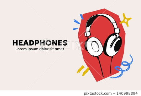 Headphones doodle illustration with decorative accents for music and audio branding Headphones doodle illustration with decorative accents for music and audio branding 140998894