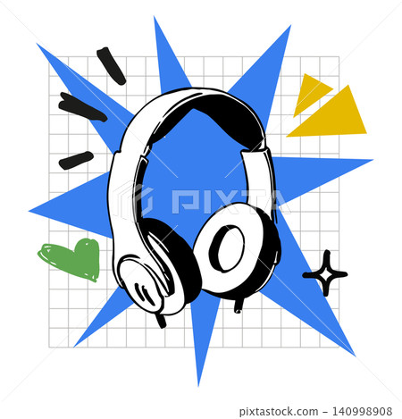Headphones vector illustration with blue starburst and geometric shapes for music or audio branding 140998908