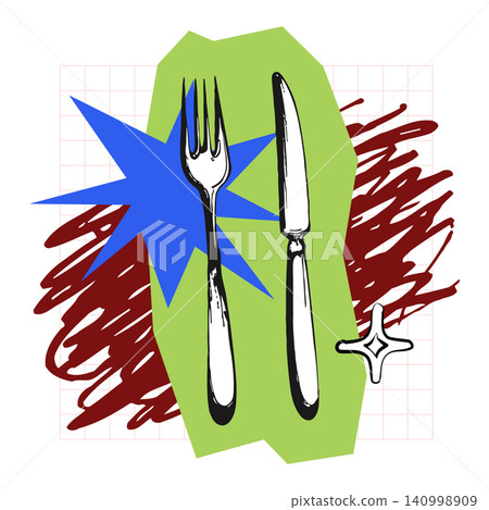 Fork and knife utensils in bold comic vector style for food editorial and packaging Fork and knife utensils in bold comic vector style for food editorial and packaging 140998909
