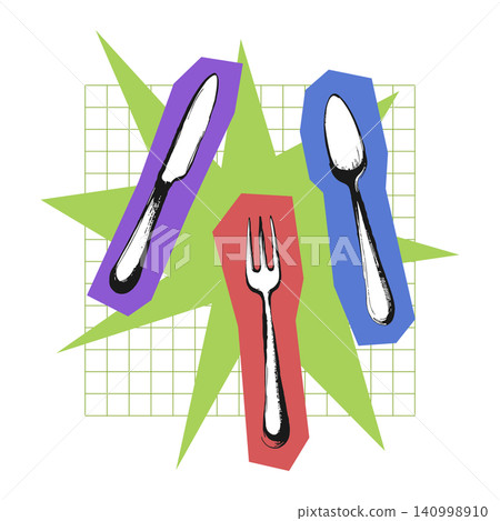 Fork and spoon and knife utensils in colorful pop art vector style for food packaging and tableware Fork and spoon and knife utensils in colorful pop art vector style for food packaging and tableware 140998910