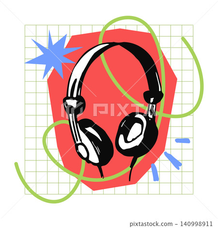 Headphones doodle illustration with green lines and blue accents for music or podcast branding 140998911