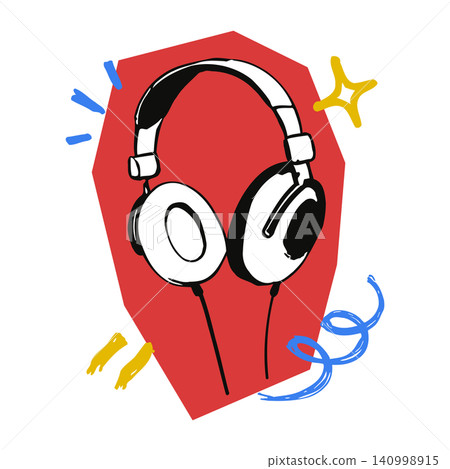 Headphones doodle illustration with decorative accents for music or audio branding Headphones doodle illustration with decorative accents for music or audio branding 140998915