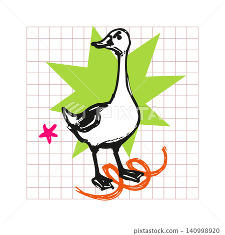 Goose mascot in bold line art style with decorative accents for sticker or greeting card Goose mascot in bold line art style with decorative accents for sticker or greeting card 140998920