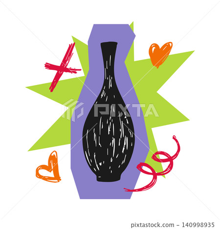 Black vase doodle illustration with colorful accents and green burst Black vase doodle illustration with colorful accents and green burst 140998935