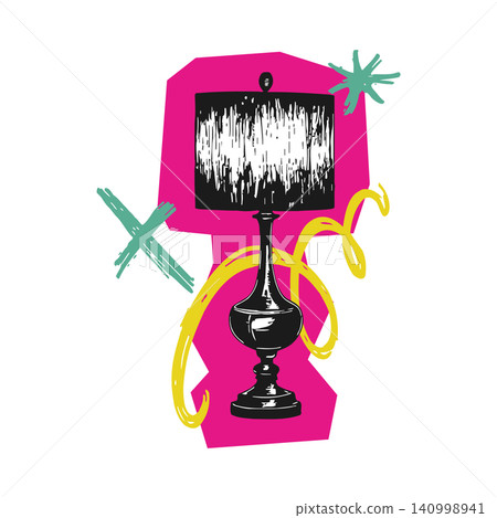 Lamp illustration with abstract doodle elements in modern playful style for editorial and wall art Lamp illustration with abstract doodle elements in modern playful style for editorial and wall art 140998941