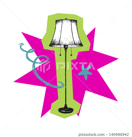 Lamp illustration in bold graphic style with pink and green accents for home decor and editorial Lamp illustration in bold graphic style with pink and green accents for home decor and editorial 140998942