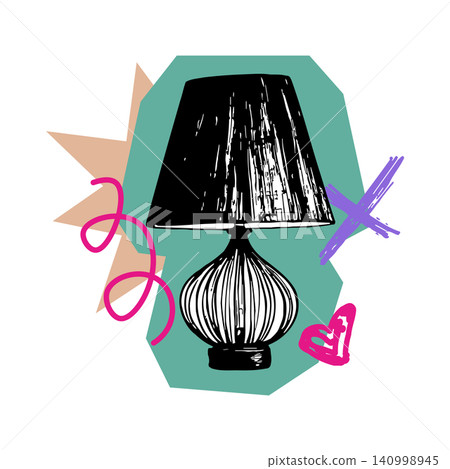 Table lamp with doodle accents in modern flat vector style for home decor and editorial Table lamp with doodle accents in modern flat vector style for home decor and editorial 140998945