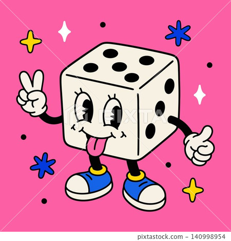 Smiling dice mascot in playful flat vector style for game and party decorations Smiling dice mascot in playful flat vector style for game and party decorations 140998954