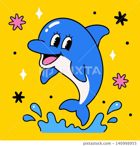Smiling dolphin cartoon illustration with decorative accents on yellow background for kids greeting Smiling dolphin cartoon illustration with decorative accents on yellow background for kids greeting 140998955