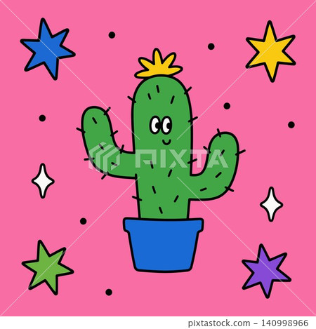 Smiling cactus mascot with decorative stars on pink background in cartoon vector style for greeting Smiling cactus mascot with decorative stars on pink background in cartoon vector style for greeting 140998966