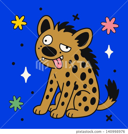 Spotted hyena cartoon character with colorful star accents on blue background for kids illustration Spotted hyena cartoon character with colorful star accents on blue background for kids illustration 140998976