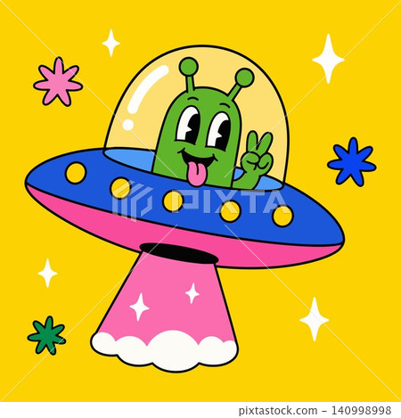 Green alien mascot in UFO with decorative stars on yellow background in cartoon vector style Green alien mascot in UFO with decorative stars on yellow background in cartoon vector style 140998998