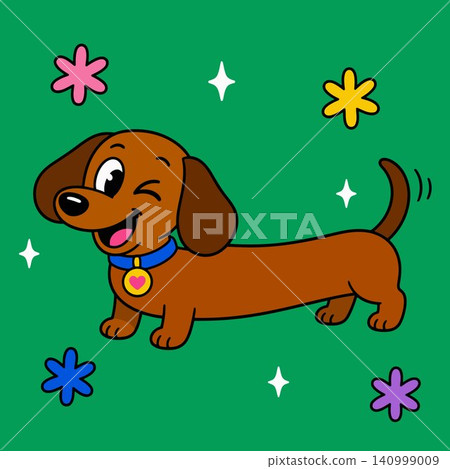 Smiling dachshund cartoon illustration with colorful flowers on green background for pet greeting Smiling dachshund cartoon illustration with colorful flowers on green background for pet greeting 140999009