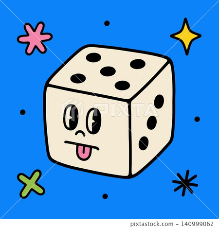 Playful dice mascot with decorative accents in flat vector style for gaming and branding Playful dice mascot with decorative accents in flat vector style for gaming and branding 140999062