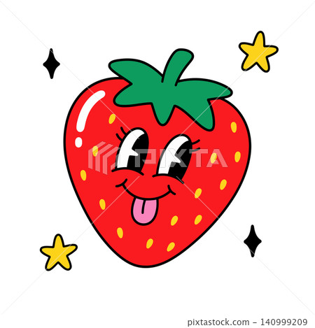 Smiling strawberry mascot in playful cartoon vector style for food branding and packaging Smiling strawberry mascot in playful cartoon vector style for food branding and packaging 140999209