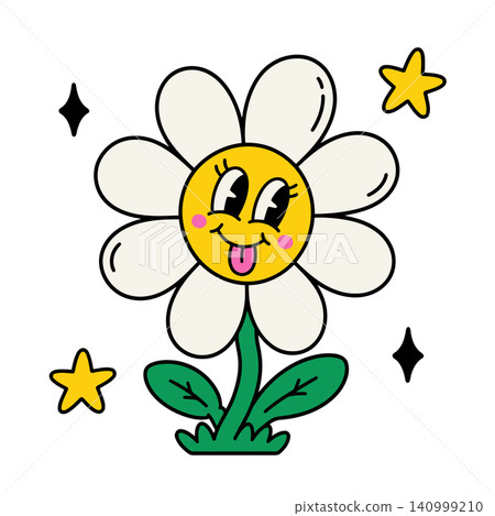 Smiling daisy flower mascot with decorative stars in playful vector style for greeting cards Smiling daisy flower mascot with decorative stars in playful vector style for greeting cards 140999210