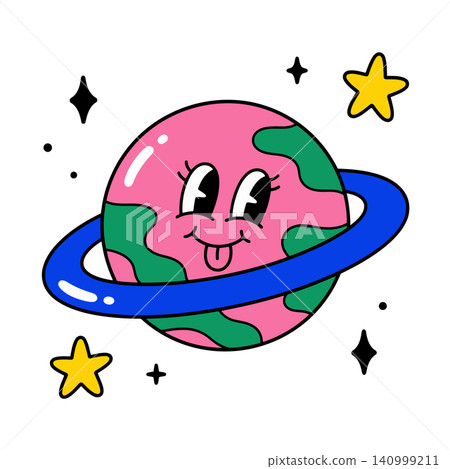 Smiling planet mascot with ring and stars in cartoon vector style for sticker or greeting card Smiling planet mascot with ring and stars in cartoon vector style for sticker or greeting card 140999211