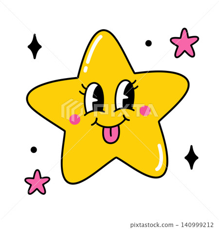 Smiling star mascot with decorative accents in playful vector style for greeting cards and stickers Smiling star mascot with decorative accents in playful vector style for greeting cards and stickers 140999212