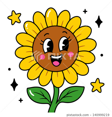 Smiling sunflower cartoon character with decorative stars and sparkles Smiling sunflower cartoon character with decorative stars and sparkles 140999219