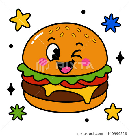 Smiling cheeseburger mascot in bold flat vector style for food branding and packaging Smiling cheeseburger mascot in bold flat vector style for food branding and packaging 140999228