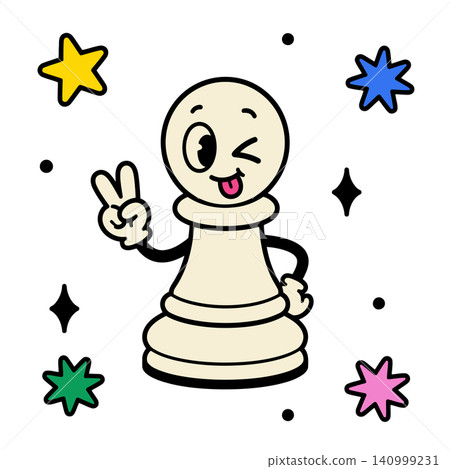 Smiling pawn chess piece mascot with peace sign in doodle style for sticker and greeting card Smiling pawn chess piece mascot with peace sign in doodle style for sticker and greeting card 140999231