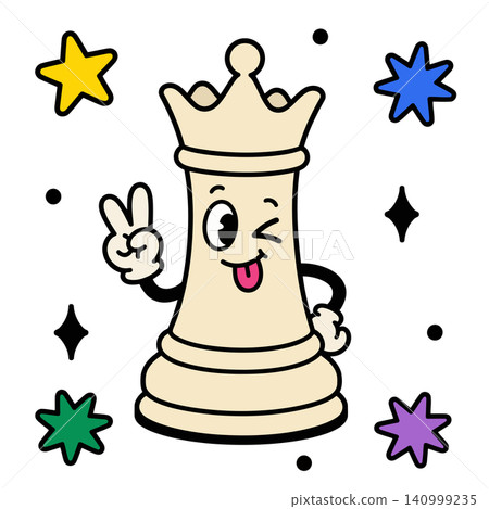 Smiling chess king mascot with peace sign in playful cartoon vector style for sticker or greeting Smiling chess king mascot with peace sign in playful cartoon vector style for sticker or greeting 140999235