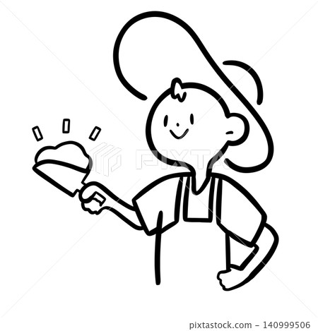 Illustration of a farmer holding up feed scooped with a shovel | Smiling, sticker-style, line art Illustration of a farmer holding up feed scooped with a shovel | Smiling, sticker-style, line art 140999506