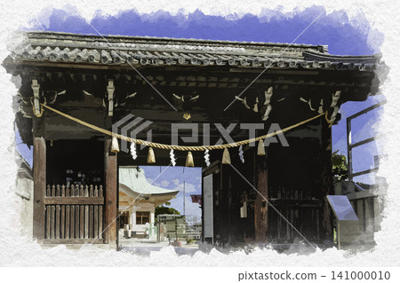 Watercolor style painting of Okayama Shrine's Zuishinmon Gate, Okayama City, Okayama Prefecture Watercolor style painting of Okayama Shrine's Zuishinmon Gate, Okayama City, Okayama Prefecture 141000010