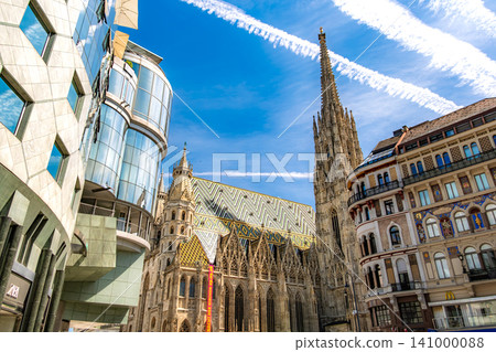 Vienna, Austria: St. Stephen's Square, where old and new architecture intersect, and the towering St. Stephen's Cathedral. Vienna, Austria: St. Stephen's Square, where old and new architecture intersect, and the towering St. Stephen's Cathedral. 141000088