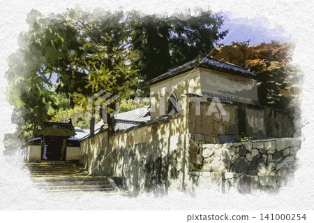 Watercolor style painting of Kinzanji Temple's guest hall, Okayama City, Okayama Prefecture Watercolor style painting of Kinzanji Temple's guest hall, Okayama City, Okayama Prefecture 141000254