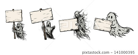4 of horror ghosts holding blank wooden signboard isolated 4 of horror ghosts holding blank wooden signboard isolated 141000395