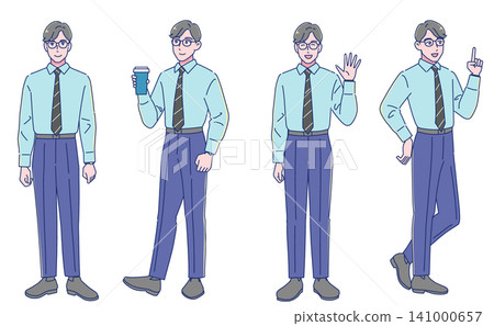 一組年輕男性上班族的站立插畫。 一組年輕男性上班族的站立插畫。 141000657