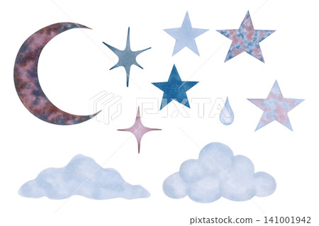Set featuring the moon, clouds and stars. Watercolor illustration. Celestial theme, nighttime, fairytale atmosphere. Hand drawn isolated clip art. Childrens cartoon sketch for bedrooms or projects Set featuring the moon, clouds and stars. Watercolor illustration. Celestial theme, nighttime, fairytale atmosphere. Hand drawn isolated clip art. Childrens cartoon sketch for bedrooms or projects 141001942