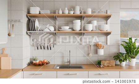 3D Illustration of Modern Scandinavian Kitchen with Open Shelves, White Dishware, and Wooden Countertop 141001978