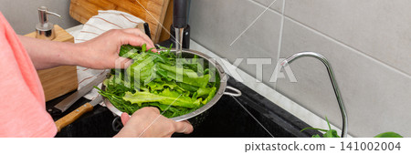 Hands are holding a colander filled with fresh organic local vegetables under running water in a kitchen sink. This is done to clean the produce before cooking, banner Hands are holding a colander filled with fresh organic local vegetables under running water in a kitchen sink. This is done to clean the produce before cooking, banner 141002004