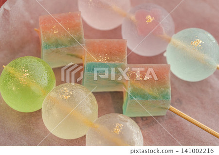Amber candy, Japanese sweets, summer sweets, water sweets, colorful, transparent, gold leaf, traditional Japanese sweets, overhead view Amber candy, Japanese sweets, summer sweets, water sweets, colorful, transparent, gold leaf, traditional Japanese sweets, overhead view 141002216