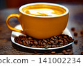 Cup of coffee decorated with heart and coffee beans transparent dark background 141002234