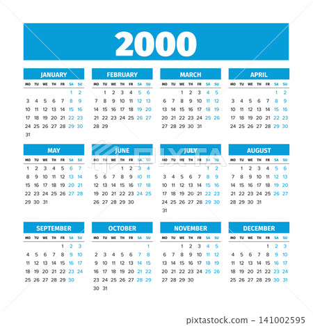 Year 2000 calendar template with Monday week start Year 2000 calendar template with Monday week start 141002595