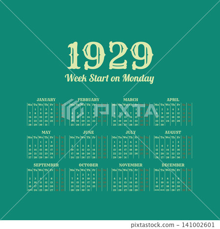 1929 vintage calendar with Monday week start 141002601