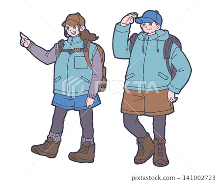 An illustration of a smiling couple enjoying the outdoors. An illustration of a smiling couple enjoying the outdoors. 141002723