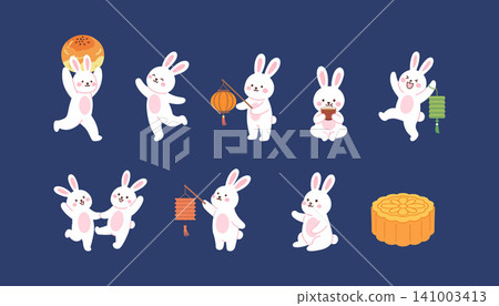 Cute Mid-Autumn Festival Bunny Set with Mooncakes and Lanterns Cute Mid-Autumn Festival Bunny Set with Mooncakes and Lanterns 141003413