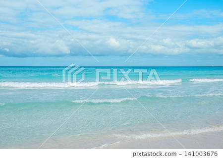 Calm ocean waves gently lap on the sandy shore under a bright blue sky 141003676