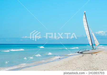 Sailboats anchored on a sandy beach under a clear blue sky Sailboats anchored on a sandy beach under a clear blue sky 141003703