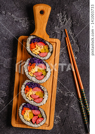 Kimbap (or gimbap) with colorful ingredients Kimbap (or gimbap) with colorful ingredients 141003733