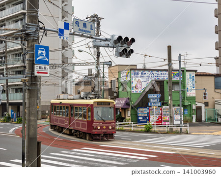 Toden Arakawa Line: End of track with "Pedestrian traffic permitted" sign and curve where the tracks are shared with other vehicles. Toden Arakawa Line: End of track with "Pedestrian traffic permitted" sign and curve where the tracks are shared with other vehicles. 141003960