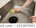 The hands of a house cleaning woman as she cleans the sink. 141003991
