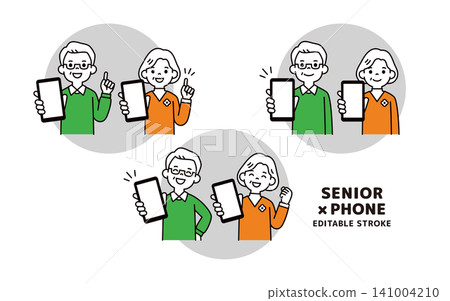 A set of vector illustrations showing an elderly couple, a senior man, and a senior woman with large smartphone screens. A set of vector illustrations showing an elderly couple, a senior man, and a senior woman with large smartphone screens. 141004210