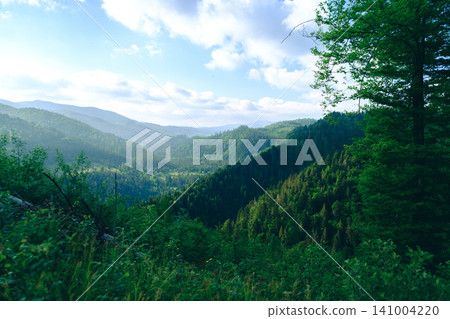Tranquil landscape of vibrant green hills and lush forests under a partly cloudy sky, offering a serene and picturesque view of nature's beauty. Tranquil landscape of vibrant green hills and lush forests under a partly cloudy sky, offering a serene and picturesque view of nature's beauty. 141004220